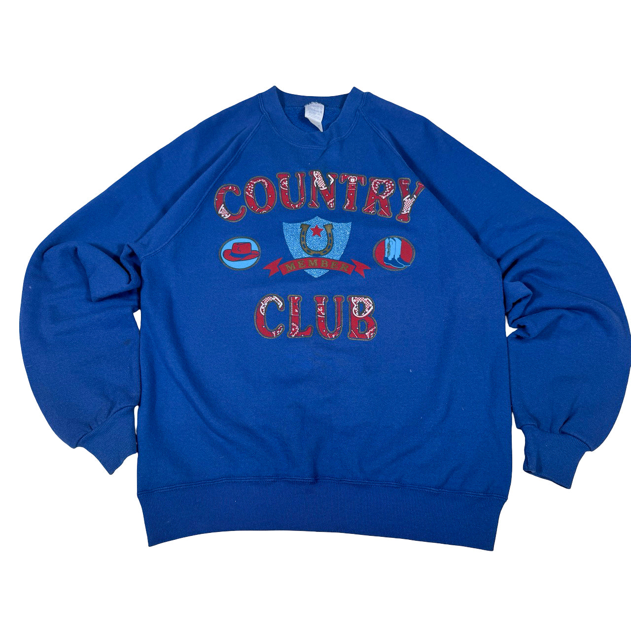 Jerzees Country Club Members Print Crewneck — 1990s Blue Sweatshirt L