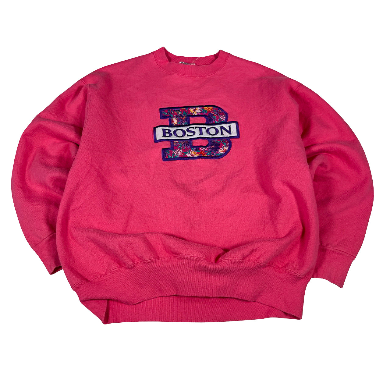 Boston Floral Lettering Crewneck — Y2K Pink Sweatshirt Large