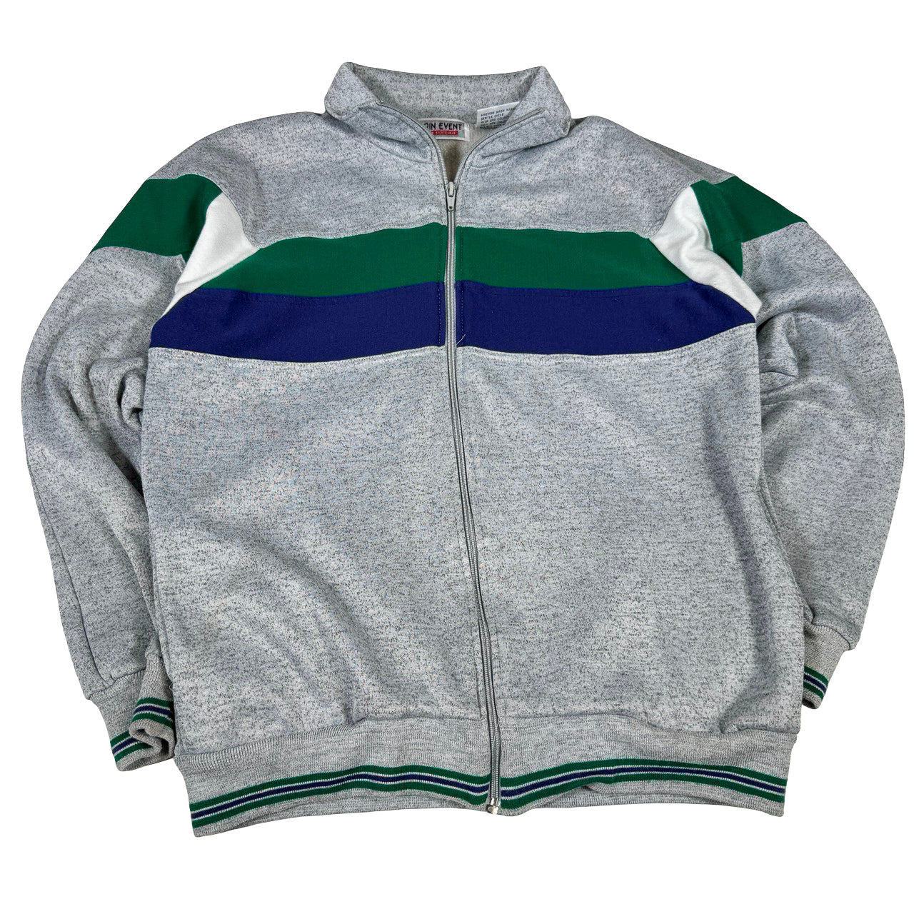 Main Event Zip-Up Crewneck — 1990s Green Blue Striped Medium