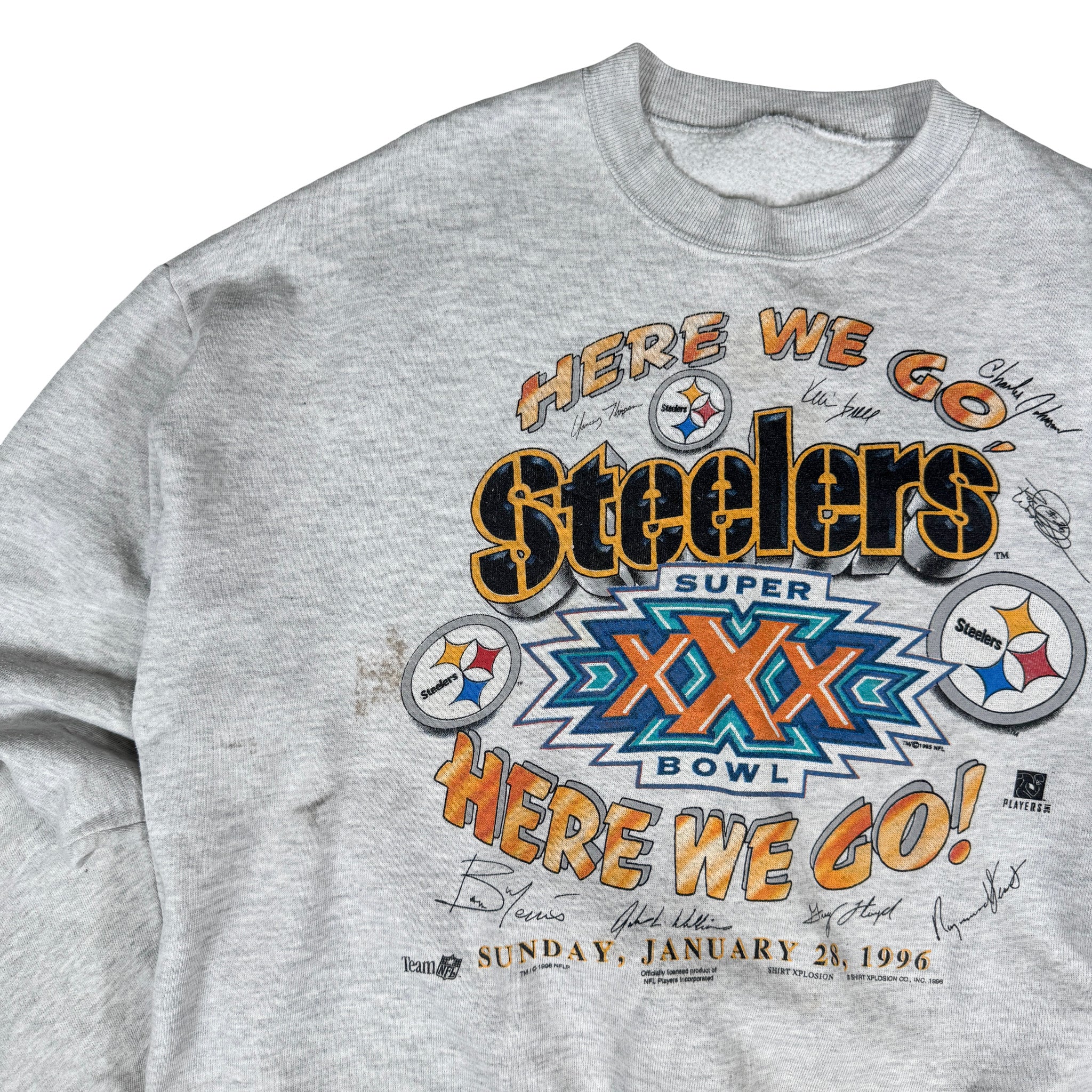 Single Stitch AOP Pittsburgh Steelers Super Bowl 30 Crewneck L