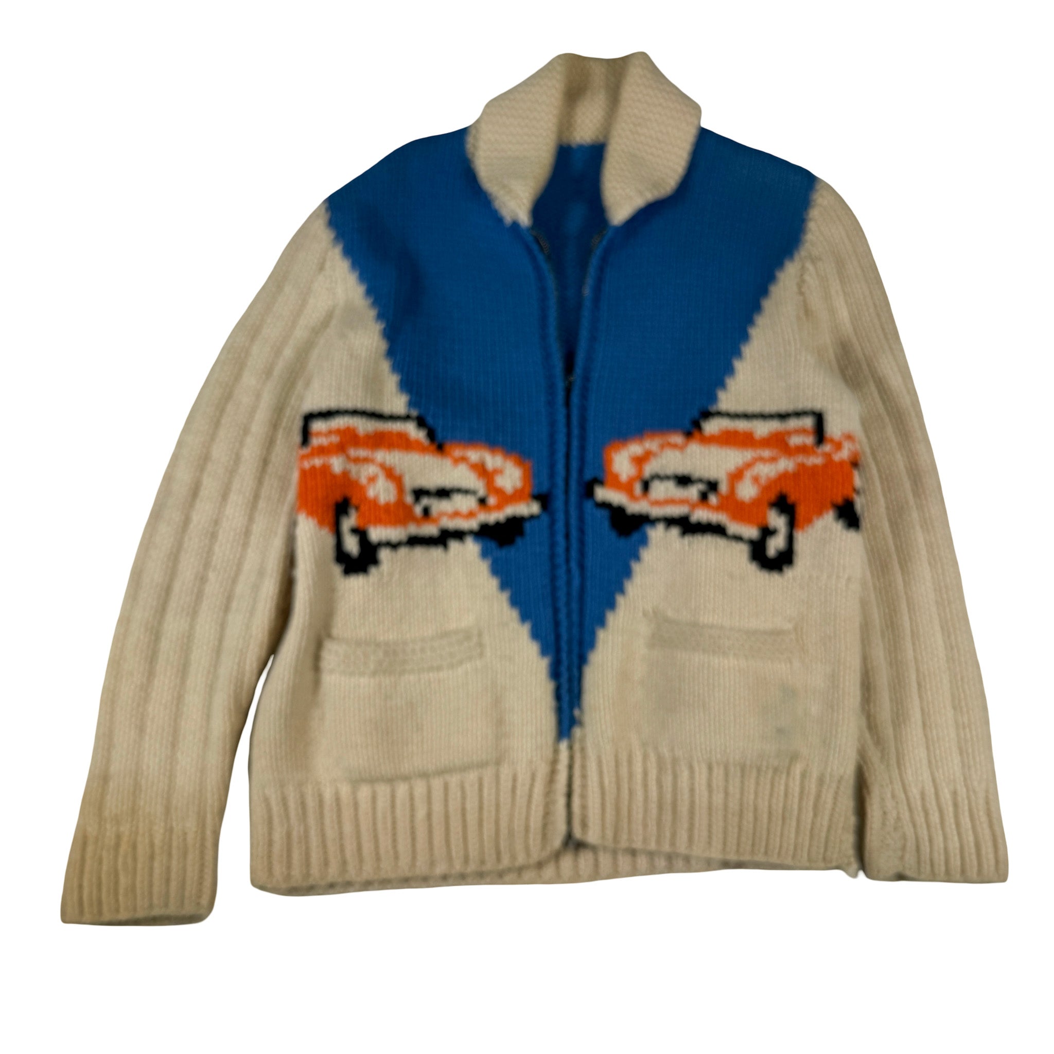 Knit Embroidered Chain Stitch Classic Car Zip-up Sweatshirt No Tag