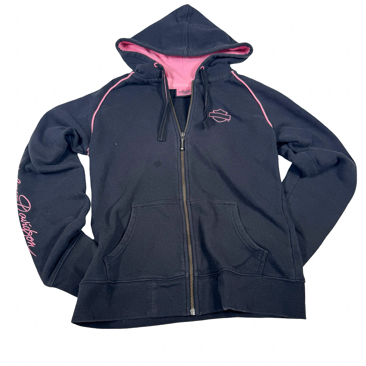 Harley Davidson Zip Hoodie — 90s Black Pink Colorblock Medium