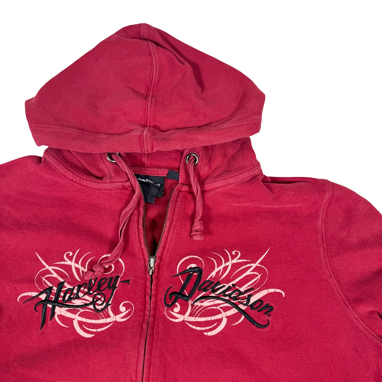 Harley Davidson Zip-Up Hoodie — Y2K Red Distressed XL