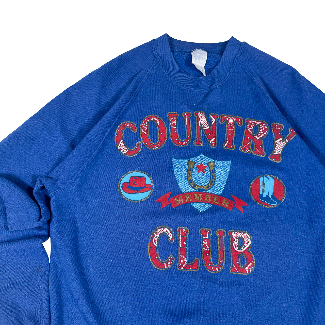 Jerzees Country Club Members Print Crewneck — 1990s Blue Sweatshirt L