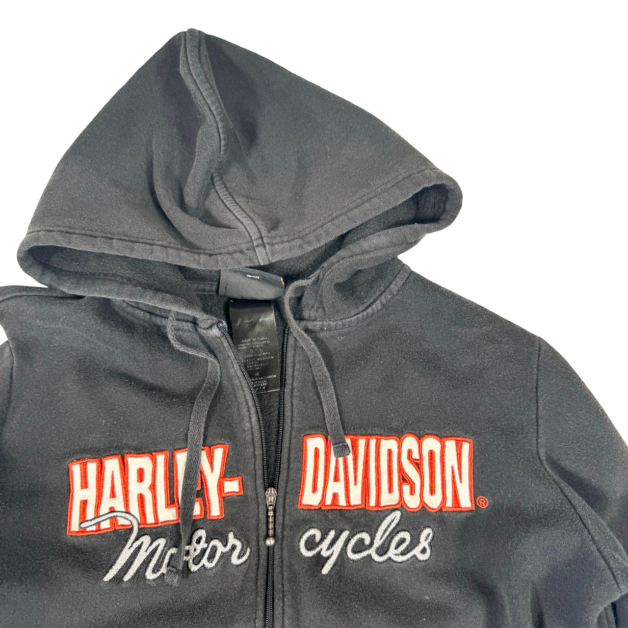 Harley Davidson Zip Hoodie — Y2K Orange Stripe Detail Large