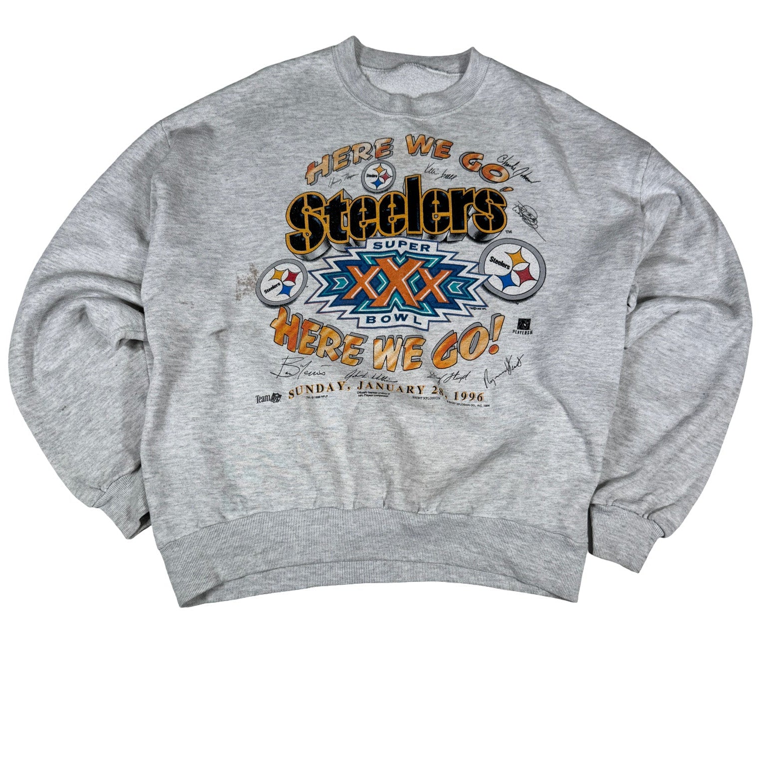 Single Stitch AOP Pittsburgh Steelers Super Bowl 30 Crewneck L
