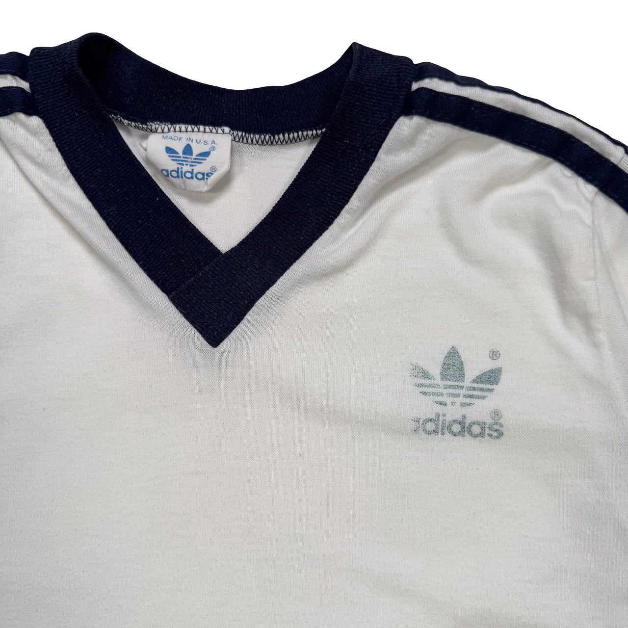 Vintage Adidas White and Blue Ringer Tee Kids XL