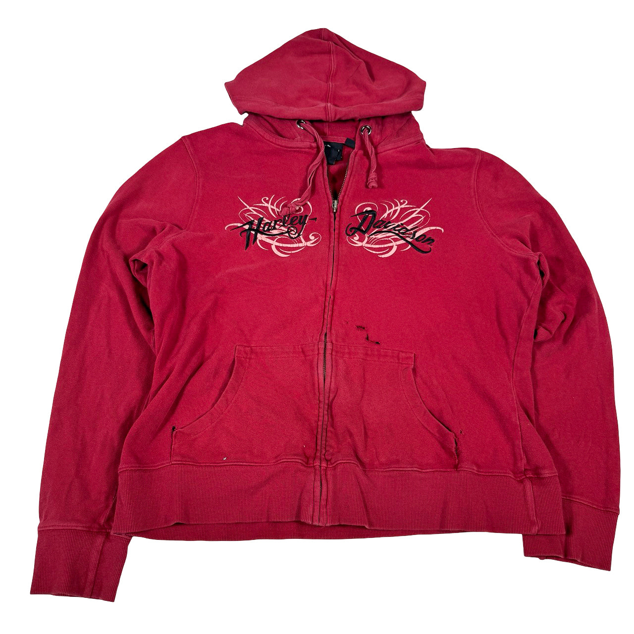 Harley Davidson Zip-Up Hoodie — Y2K Red Distressed XL