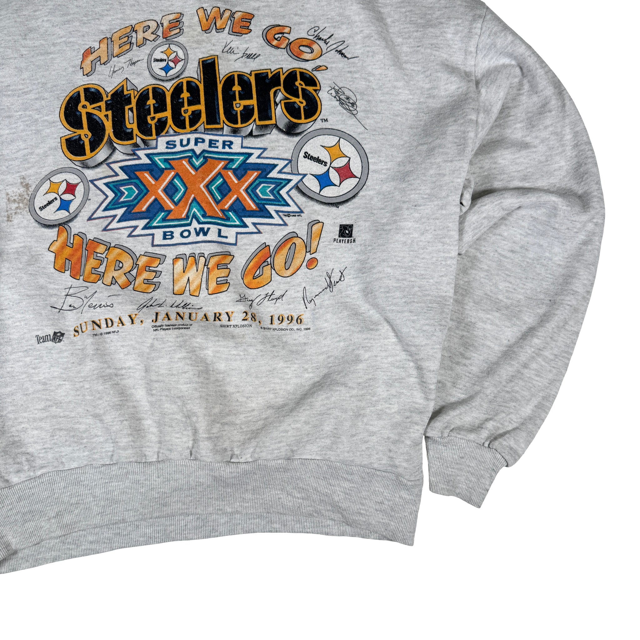 Single Stitch AOP Pittsburgh Steelers Super Bowl 30 Crewneck L