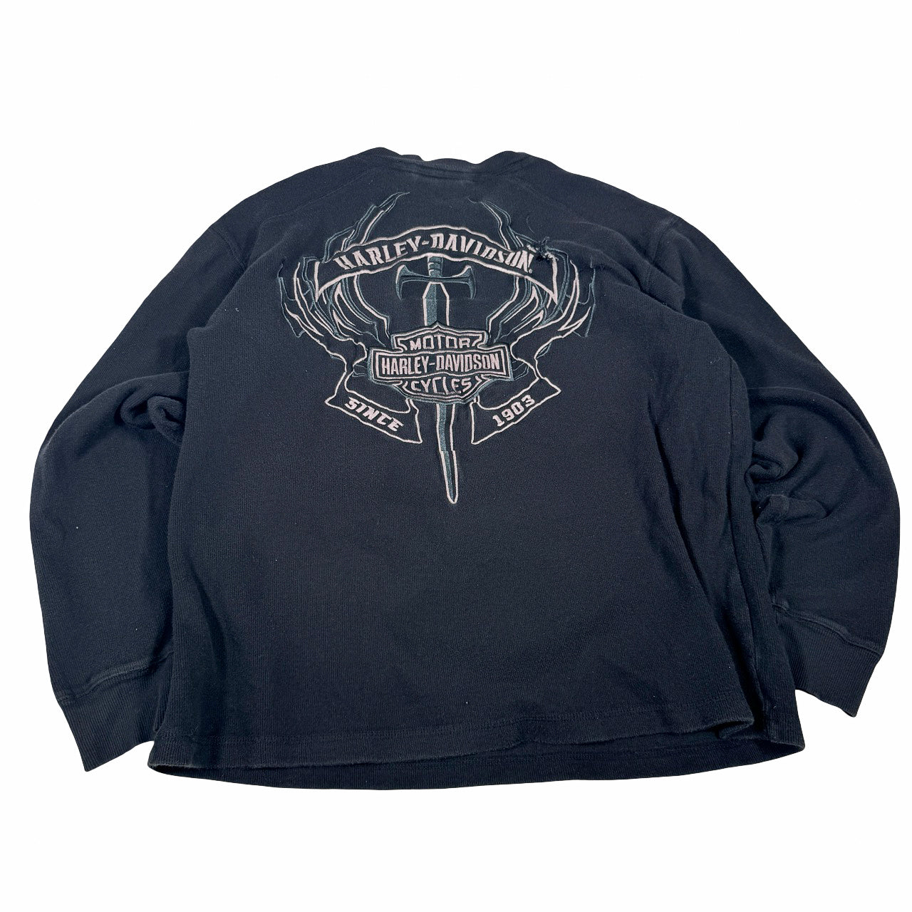 Harley Davidson Embroidered Sweatshirt — 2000s Distressed Crewneck L