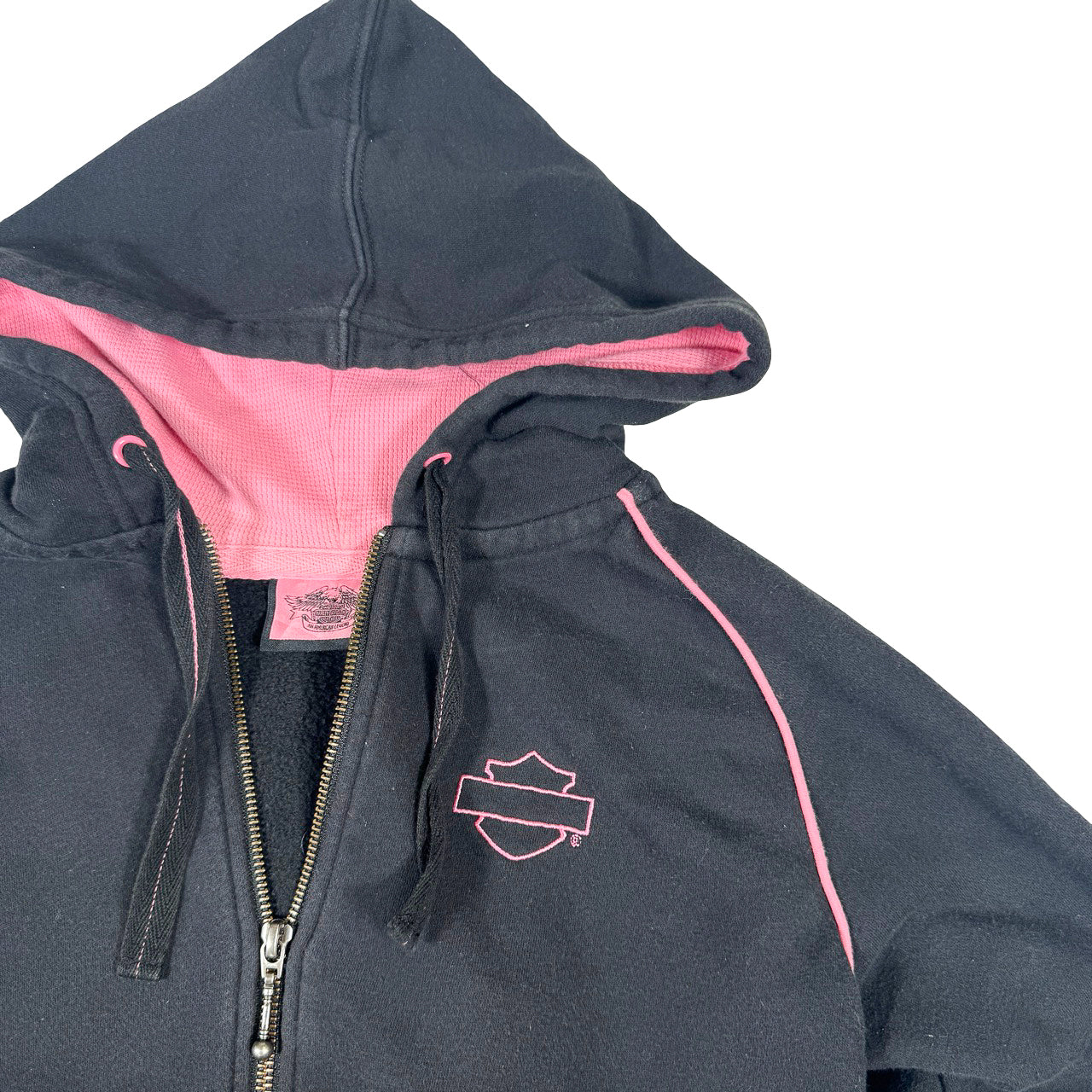 Harley Davidson Zip Hoodie — 90s Black Pink Colorblock Medium