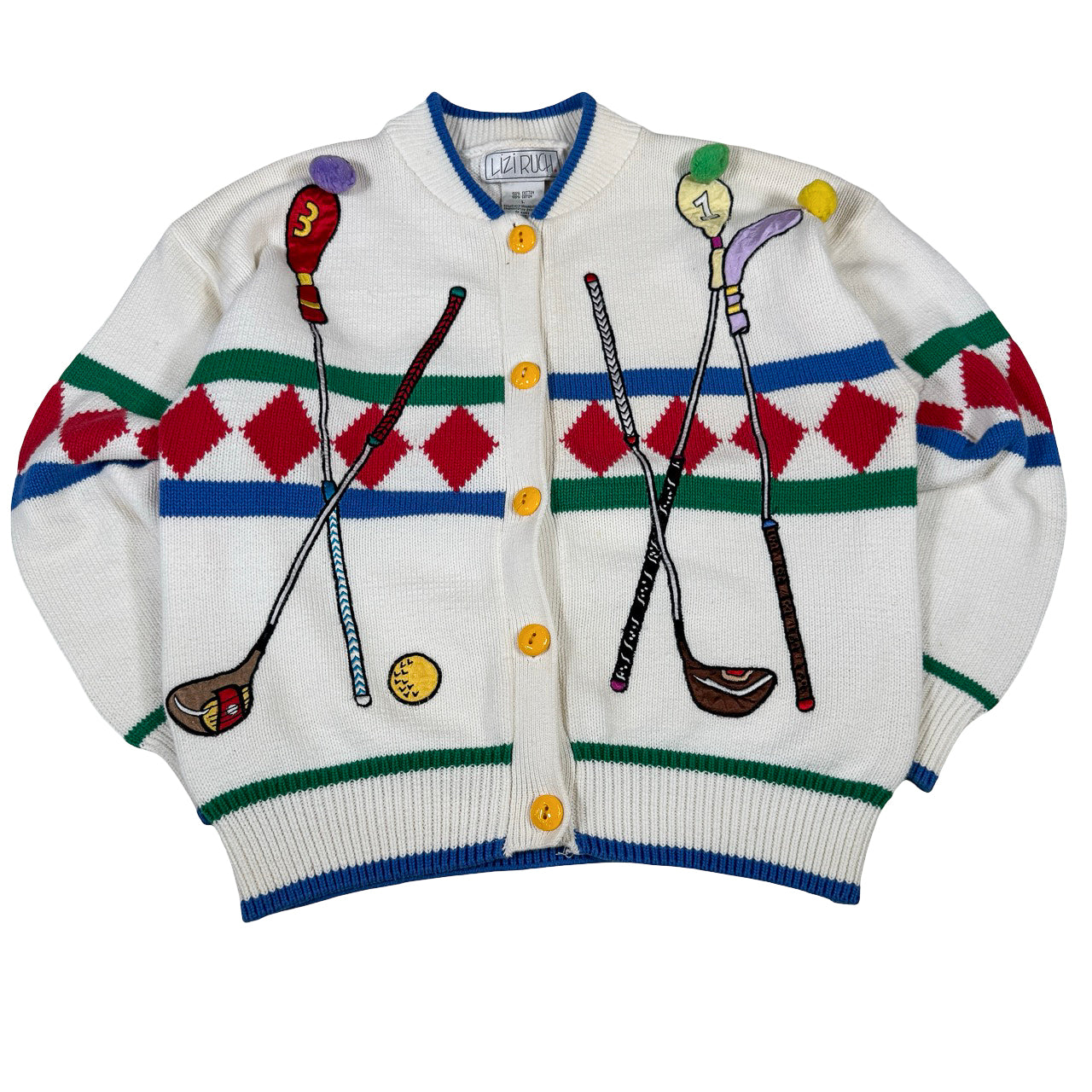 Lizi Ruch Golf Sweatshirt — 1990s Knit-wear with Pom-Pom Balls Large