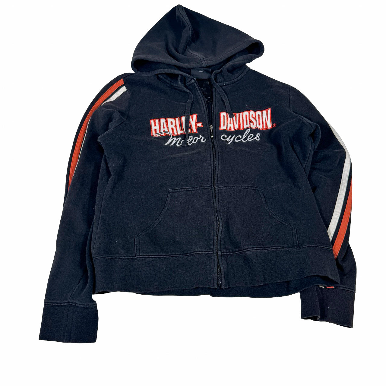 Harley Davidson Zip Hoodie — Y2K Orange Stripe Detail Large