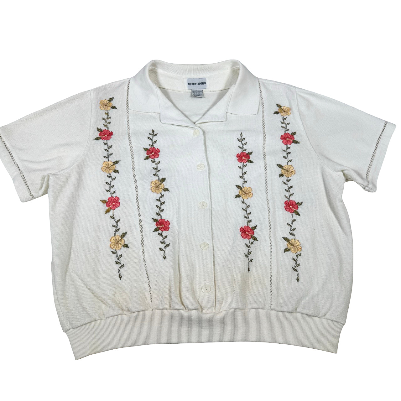 Alfred Dunner Floral Button-Up — 1990s White Knitwear Sweatshirt L