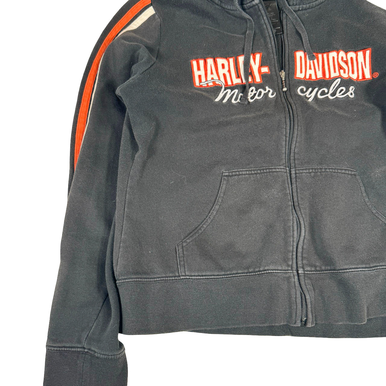 Harley Davidson Zip Hoodie — Y2K Orange Stripe Detail Large