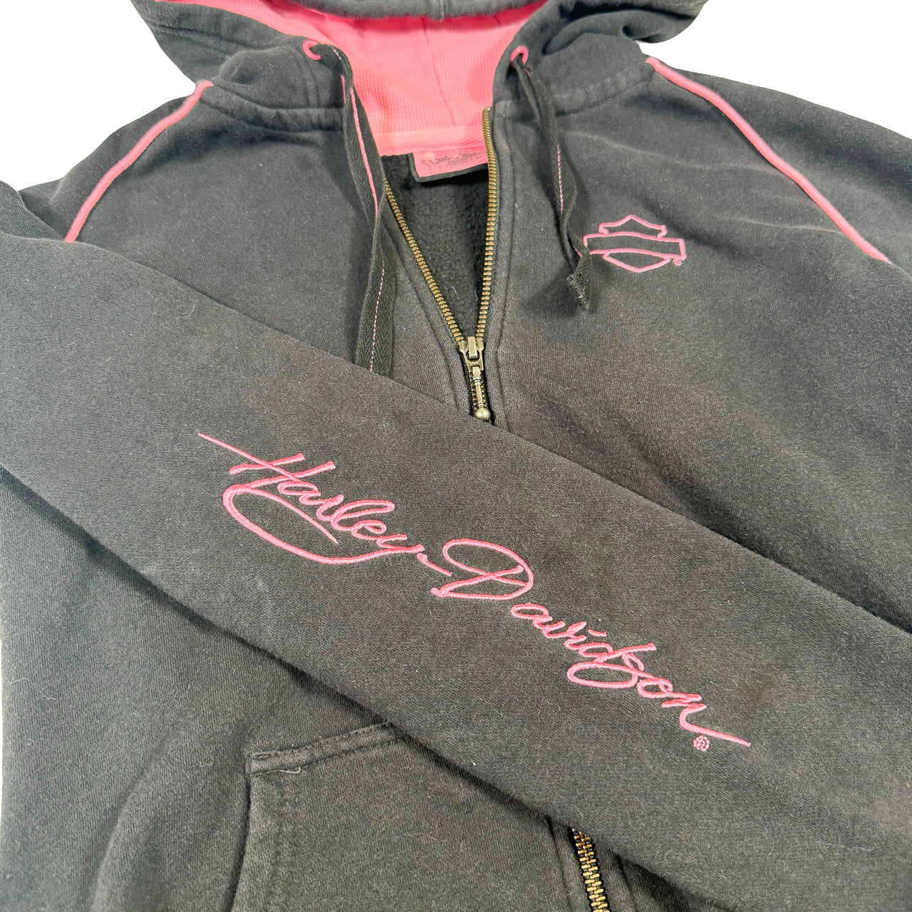 Harley Davidson Zip Hoodie — 90s Black Pink Colorblock Medium