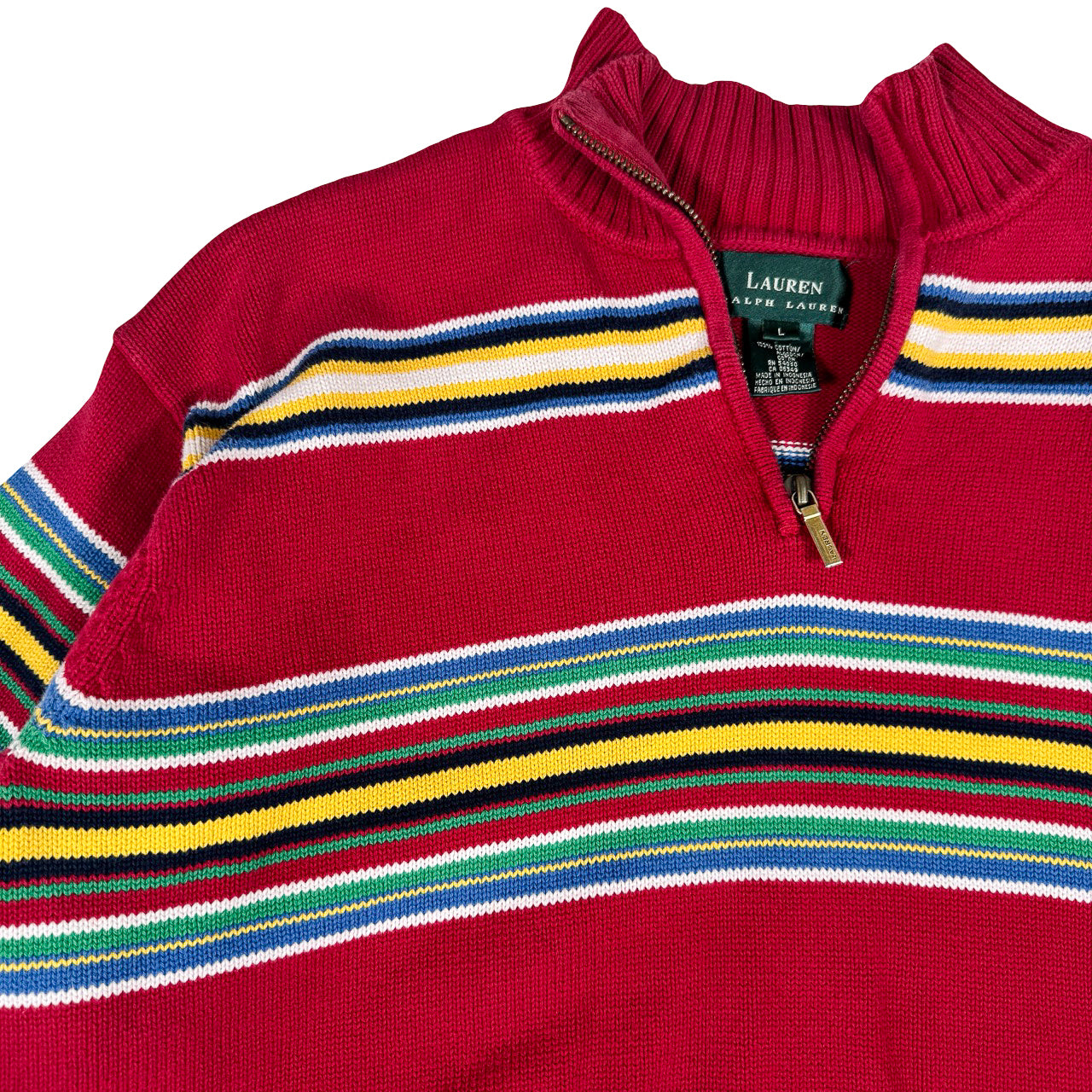 Ralph Lauren Multi-Striped Quarter-Zip — Y2K Red Sweatshirt Large