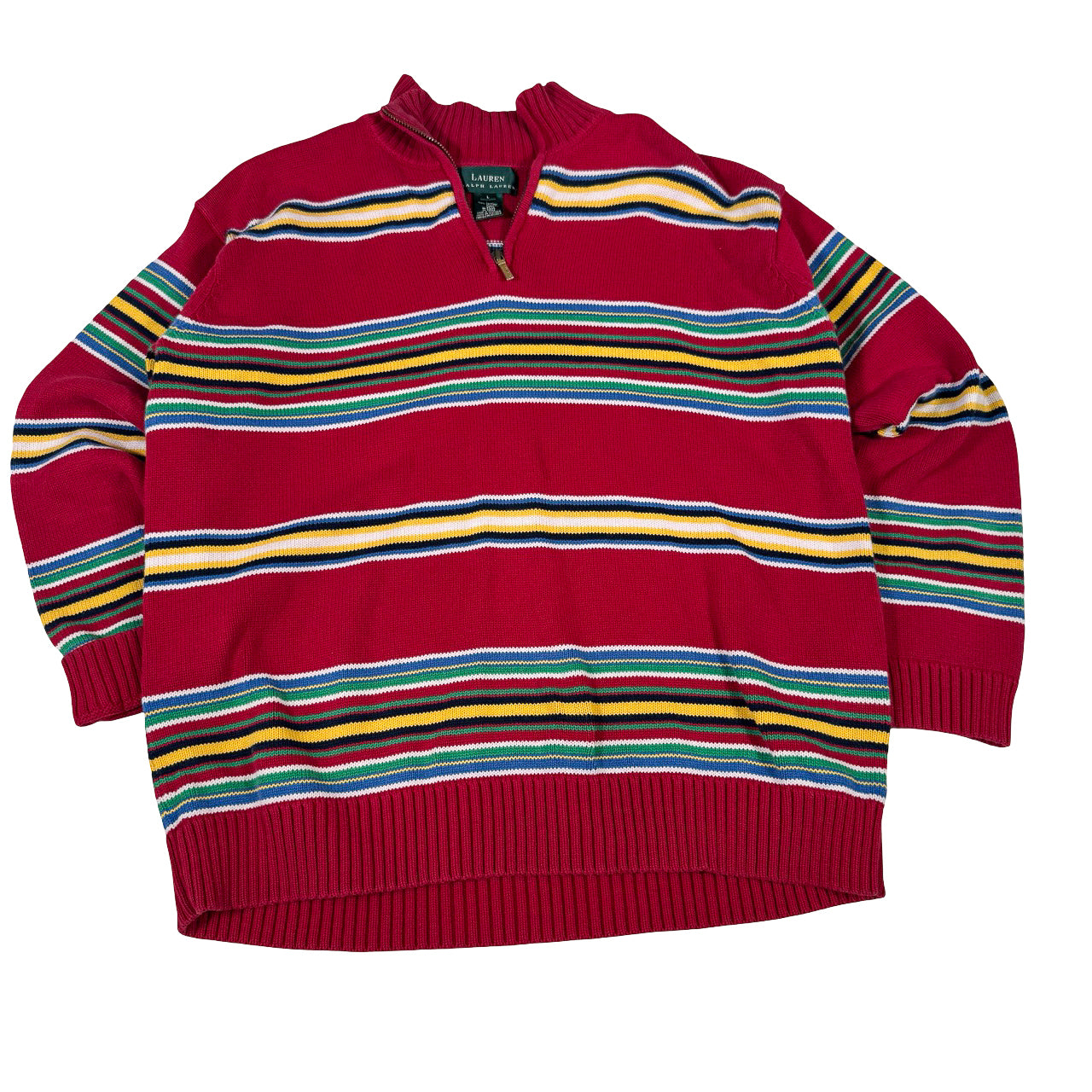 Ralph Lauren Multi-Striped Quarter-Zip — Y2K Red Sweatshirt Large