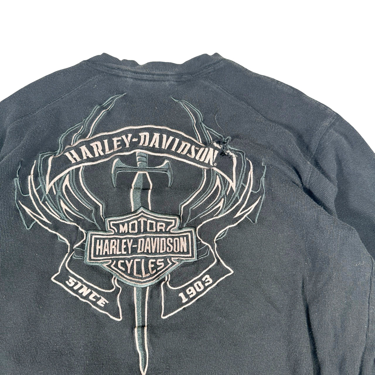 Harley Davidson Embroidered Sweatshirt — 2000s Distressed Crewneck L