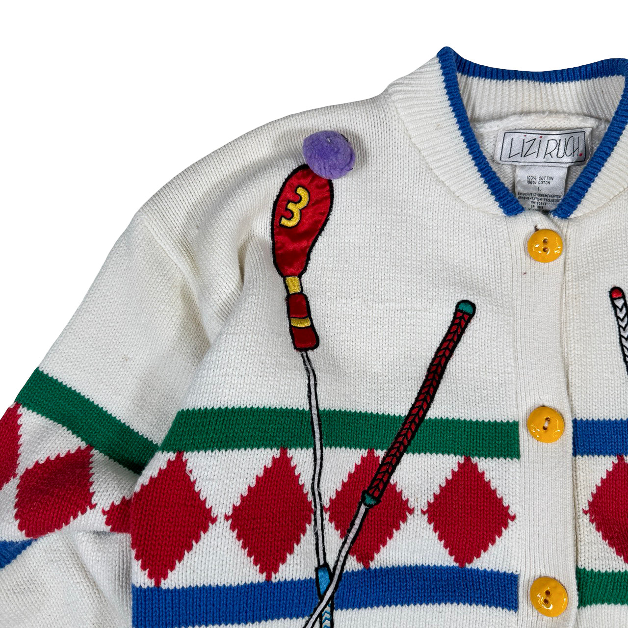 Lizi Ruch Golf Sweatshirt — 1990s Knit-wear with Pom-Pom Balls Large