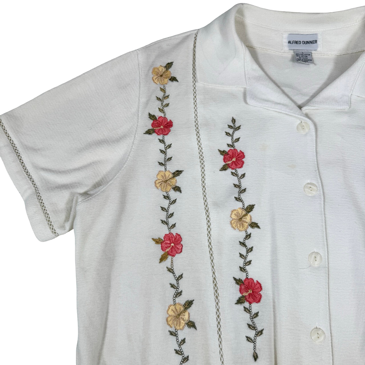 Alfred Dunner Floral Button-Up — 1990s White Knitwear Sweatshirt L